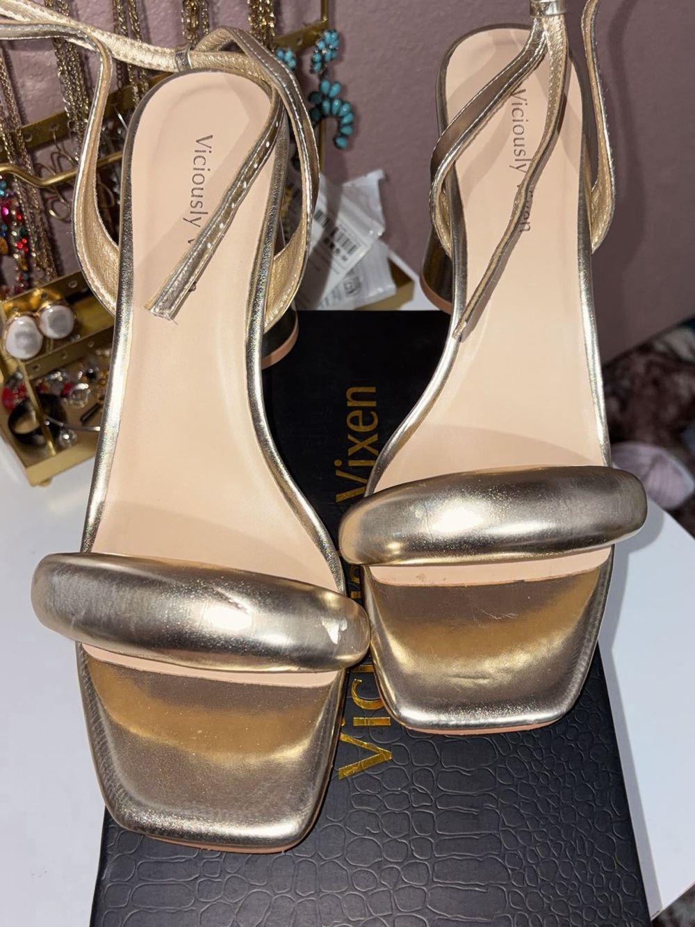 Gold Metallic Block Heel Sandals